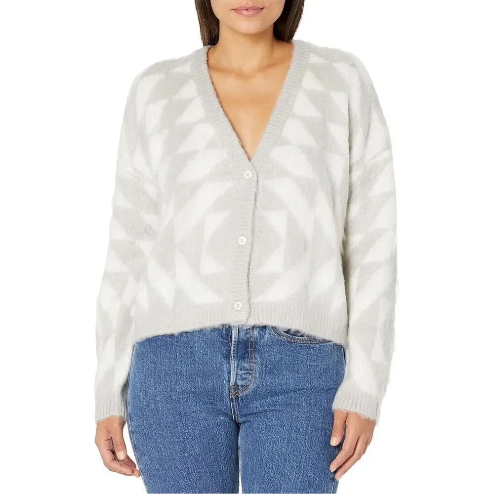 Obey grey & white v-neck triangle patterned cardigan sweater Small academia #749